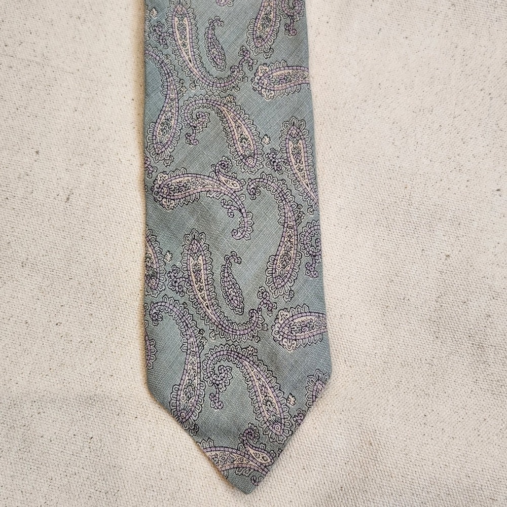 Perry Ellis Men Necktie Green Purple Paisley 100% Linen Hand Made Italy Designer